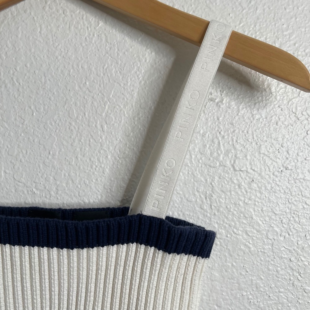 Pinko Womens Ribbed Knit Striped Crop Top Logo Straps Navy White‎ Sleeveless - Picture 2 of 4